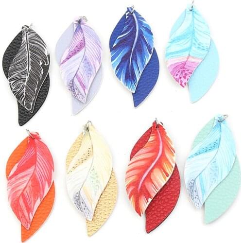 PU Leather Feather Pendants Colorful Feather Pattern Leaf Shape Double Layer For Making Charms DIY Earrings Jewelry Gifts, 5PCs