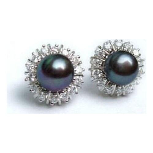 Free shipping Hot sale Shipping>>>>>7-9mm Tahitian Black Natural Pearl Earring Zircon inlaid
