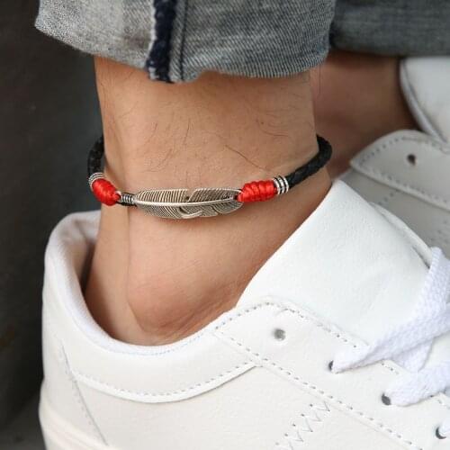 Black Leather Feather anklet for men boys student red color punk simple