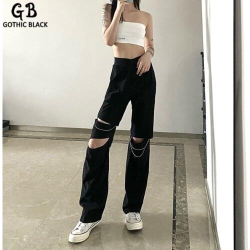Gothblack Pants Solid High Waist Hollow Out Patchwork Chain Flared Casual Pants Straight Loose Sexy Streetwear Women Clothing