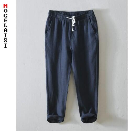 Spring Men Pants Linen Straight Trousers Full solid 100% flax Elastic waist Men Casual Pants new 2021 8104