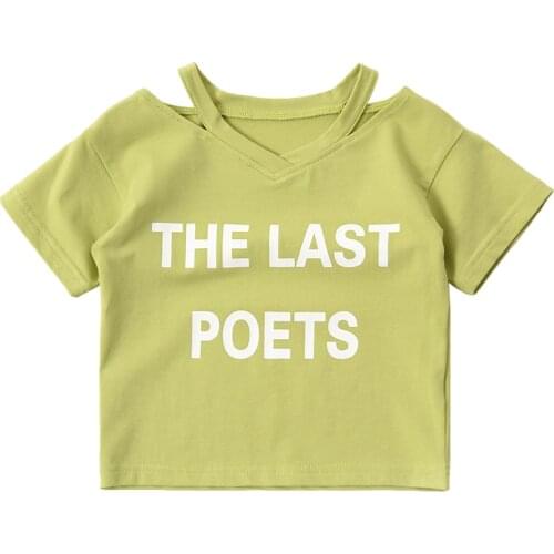 2020 Summer Girls T shirt Fashion Off The Shoulder Dress V neck Letter Cotton T shirt for Girls 1-13Y BC939