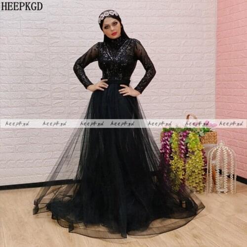 Black Muslim Evening Dress High Neck Sequin Tulle Long Formal Gowns Customize Wedding Party Prom Gowns Robe De Soiree Cheap