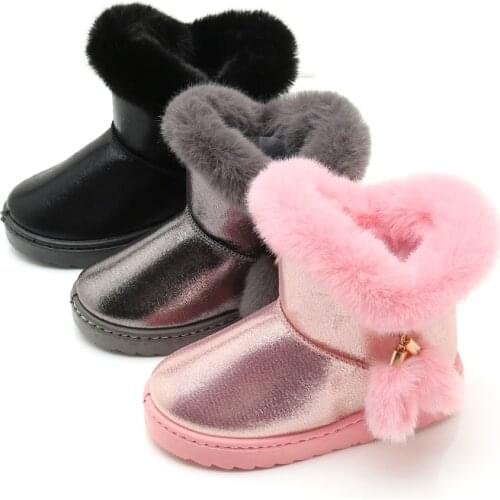 Children Girl Snow Boots Waterproof Kids Cotton Boot Thicken Rubber Anti-Slip Sole Solid Color Cute Fur Ball SSJ041