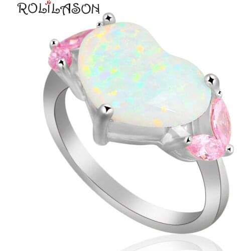Heart Design Pink Zircon Women fashion women jewelry White fire Opal stamped Silver Rings USA size #7.75 OR632