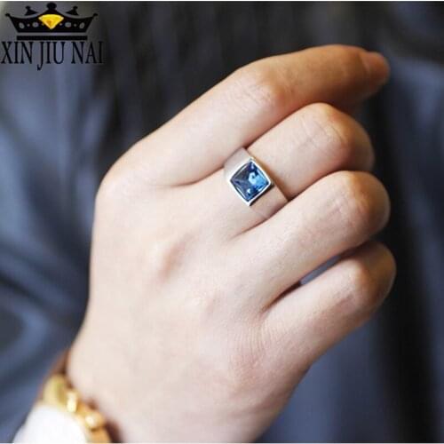 European And American Topaz Blue Crystal Engagement Rings Atmospheric Fashion Blue Zircon Inlay Ring Mens 925 Anillos Silver