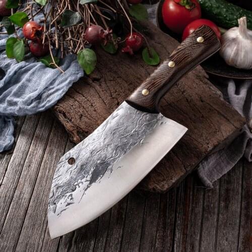 Forged Chef Kitchen Knife Household Butcher Knife Full Tang Multi-Purpose Hammered Wooden Handle For Meat Cutting Sharp Knife