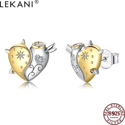 LEKANI 925 Sterling Silver Stud Earrings Angel And Demon Heart Cubic Zirconia Earring For Women Anniversary Girl Fine Jewelry