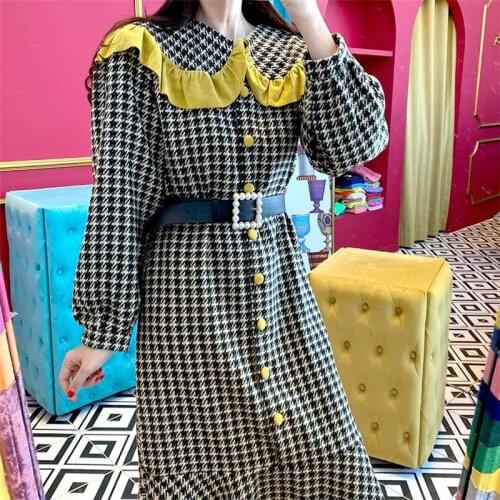 Retro ruffles sweet korean style chic dress plaid elegant termperament retro outgoing dress dating mermaid 2021 early spring