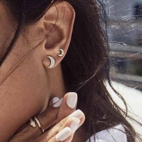 Minimal Delicate Mini CZ Moon Stud Earring Multi Piercing Girl Jewelry 925 Stelring Silver Cute Lovely Small Stack Stud Earrings
