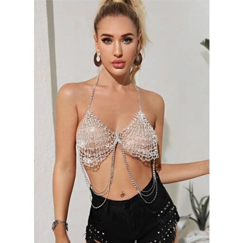 Fashion queen shining Rhinestone backless women sexy beach backless crystal tassel hollow out chain nightclub Party Gift