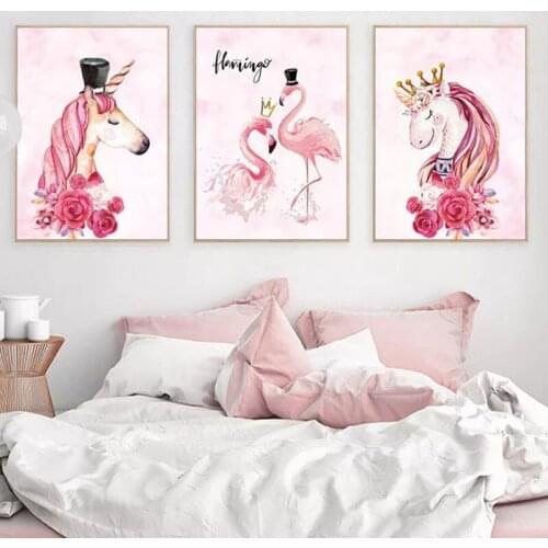 Cartoon Animal Nordic Canvas Painting Pink Sweet Unicorn Picture Home Decor Wall Art Modern Posters and Prints for Living Room