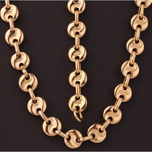 10mm Gold Tone Flat Beads Link Chain Necklace&Bracelet, Men Fashion 316L Stainless Steel Jewelry Set Gift Necklace Bangle