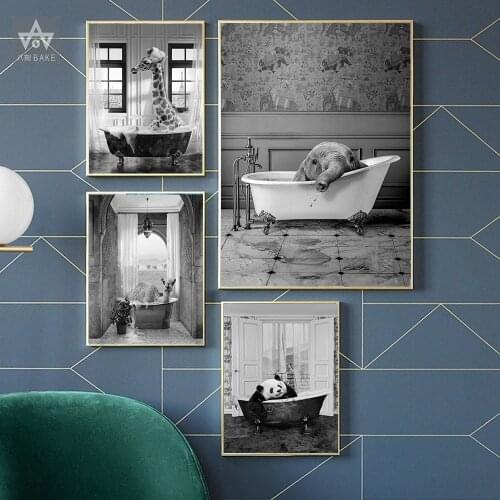 Animal in Bathtub Poster Print Giraffe Elephant Alpaca Panda Canvas Painting Nursery Wall Art Nordic Pictures Kid Room Home Deco