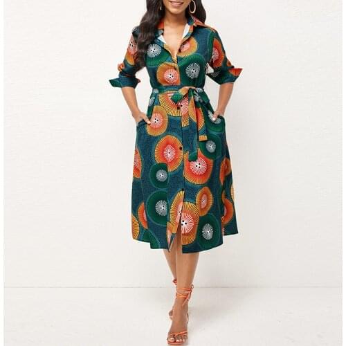 OTEN African Shirt Dress Elegant Gown Dashiki Printed Long Belt Dress Plus Size Ladies Boubou Africaine Femme Vestidos Camisero