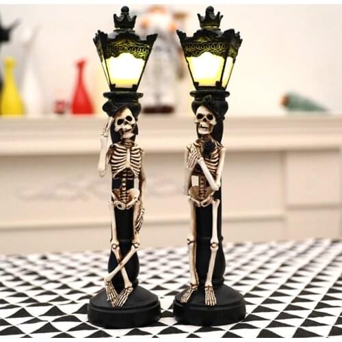 2Pcs Halloween Desktop Skull Skeleton Candle Holder LED Light Vintage Miniature Ghost Street Night Lamp Home Party Decoration
