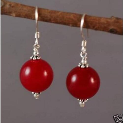 Lovely tibet 12mm red Natural jade bead dangle 925 silver hook earrings 1 order