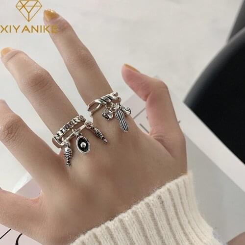 XIYANIKE 925 Sterling Silver Retro Fish Peanut Pendant Double Layer Ring Female Open Fashion Distressed Twisted Index Finger