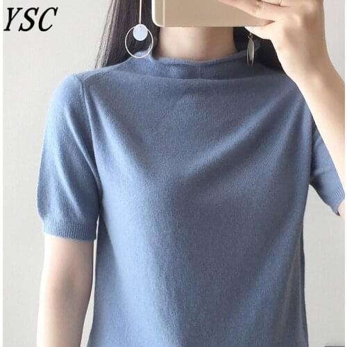 YUNSHUCLOSET 2021 spring Hot Sales Women Cashmere Wool Sweater Coiling collar Solid color half sleeve pullovers Free Shipping