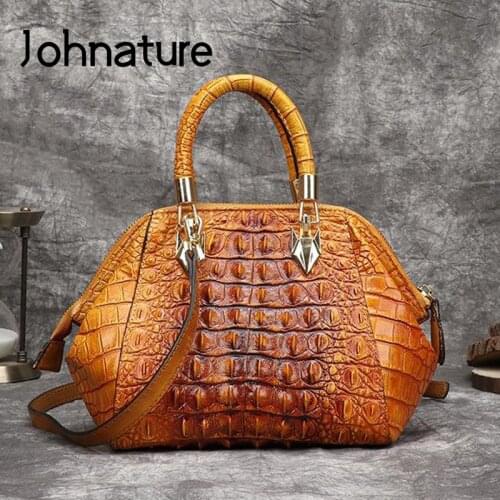 Johnature Genuine Leather Bag Hand Painted Alligator Embossing Women Handbag 2021 New Retro Cowhide Shoulder Messenger Bag