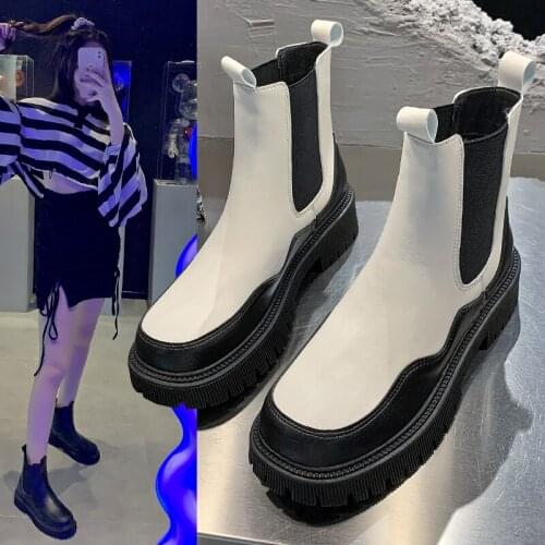2021 New Ankle Boots for Women Thick Bottom Round Toe Genuine Leather Boots Black White All-match Botas Feminina Platform Shoes