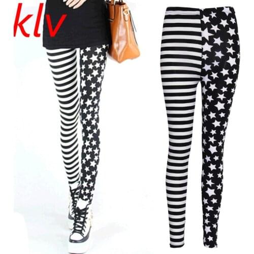 Women Stripe+Stars Tights Elastic Waist Stretch Pencil Pants Jeggings