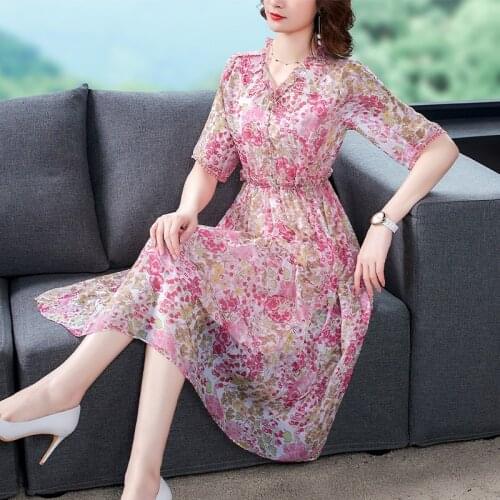 2021 Pink Flroal Mulberry Silk Beach Midi Dress Summer Vintage 3XL Plus Size Sweet Chiffon Dress Women Elegant Bodycon Vestidos