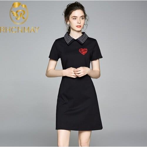 New 2020 Summer Fashion Casual black Dress Elegant Turn-down Collar Short Sleeve Slim Love Embroidery Brooch Womens Mini Dress