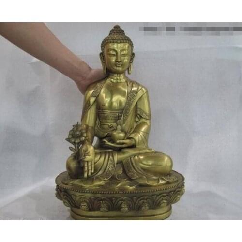 13.2" Buddhism Brass Copper Medicine Sakyamuni Buddha Statue
