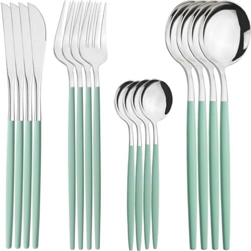 16pcs Dinnerware Mint Green Silver Stainless Steel Flatware Knife Fork TeaSpoon Party Home Kitchen Tableware Set Silverware Set