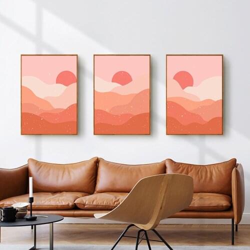 Abstract Terracotta Color Sun Mountain Sunset Line Drawing Canvas Painting Wall Art Boho Landscape Posters and Prints Picture