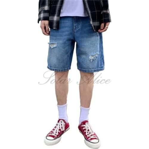 Free shipping 2020 mens summer new mid-waist five-point jeans straight outdoor casual hole casual shorts thin section