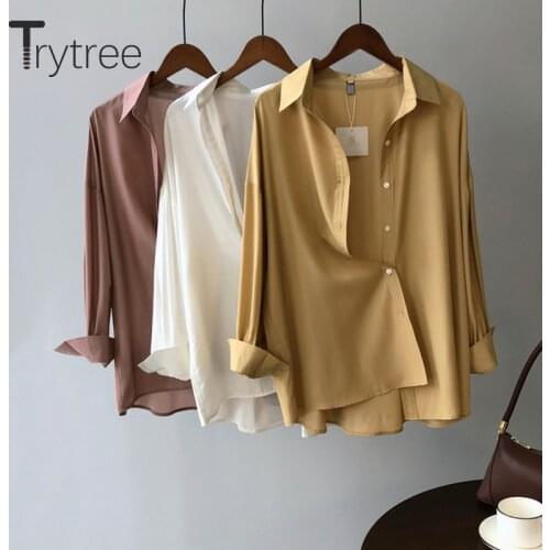 Trytree Spring Autumn Blouse Women Casual Turn-down Collar Single Breasted Solid Silky Chiffon Office Lady White Shirts Tops