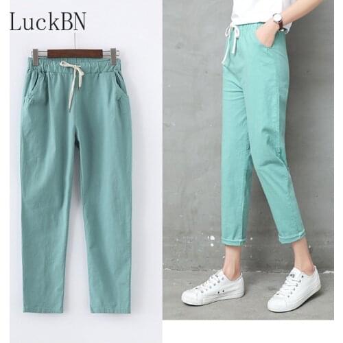 Autumn Cotton Linen Pants Women Candy Color Casual Loose Harem Pants for Women Ankle Length Trousers Female Elastic Waist Pant