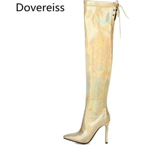 Dovereiss Fashion Womens Shoes Winter Pointed Toe Sexy Zipper New Pure color Concise Over the knee boots Stilettos heels 34-48