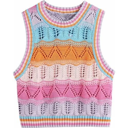 Women Crop Tops Knitted Hollow Out Vest O Neck Sleeveless Tank Fashion Camis Mujer 2021