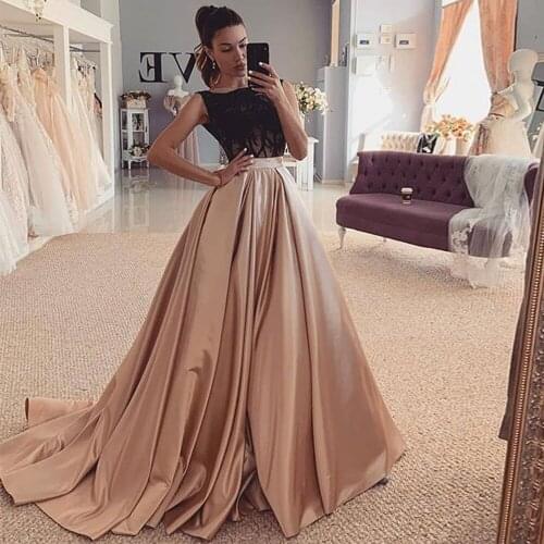 Lorie Boat Neck Sleeveless Black Lace and Champagne Satin Formal Evening Dress Long 2010 Elegant Prom Party Gown Plus Size