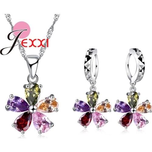 Silver Jewelry Sets For Women Vintage Five Flowers Crystal Pendant Necklace Drop Earrings Bridal Wedding Set For Bride