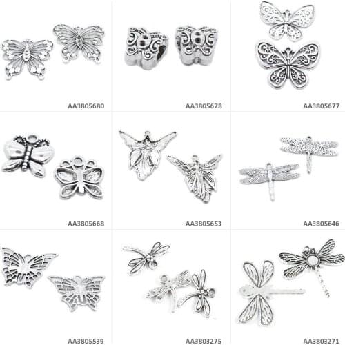 Antique Silver Plated Jewelry Making Charms Dragonfly Cabochon Base Setting Butterfly Angel Fairy Loose Beads Craft