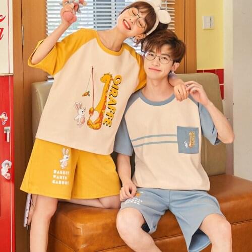 Korean Sweet Giraffe Cartoon Women Summer Pajamas Sets Cotton Couple Homewear Oversized Blue Stripes Short Sleeve Men Sleepwear