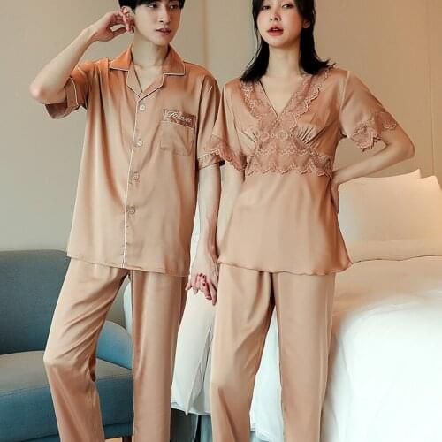 Spring Summer New Couple Ice Silk 2PCS Pajamas Suit Short Sleeve Pant Homewear Men Casual Pyjama Lady Sexy V-Neck Lace Sleepwear