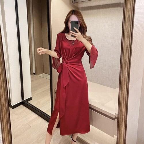 Casual Dresses Summer Woman 2020 Fashion Ladies Korean O-Neck Red Party Dresses Lace Up Long Midi Dress Summer Vestidos AA5371