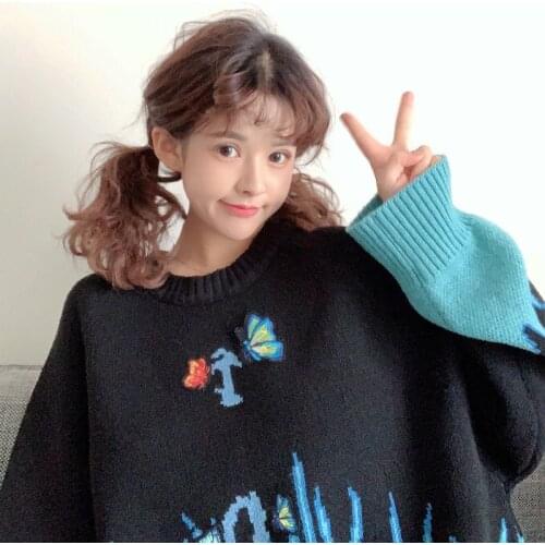 Casual Loose Sweaters Streetwear Jumper 2020 Autumn Winter Harajuku Flame Knit Sweater Butterfly Applique Women Pullover
