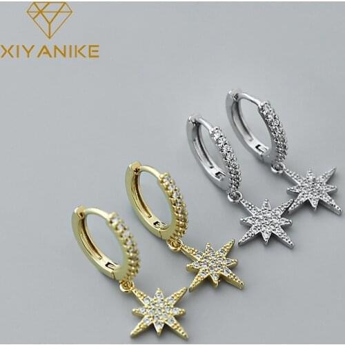 XIYANIKE 925 Sterling Silver Zircon Octagonal Star Earrings Female Fashion Shining Temperament Exquisite Party Elegant Jewelry
