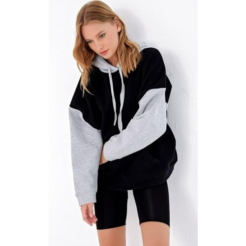 Womens Black Shawl Color-Blocked Oversized Hooded Sweatshirt Streetwear Vintage Hoodies Autumn Long Sleeve Tops Each Color