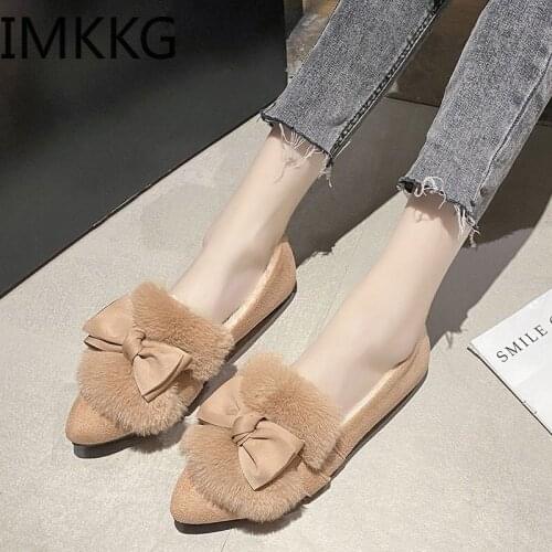 Women Shoes Loafers New Warm Plush Winter Shoes Woman Flats pointed Toe Slip on Comfortable Ladies Shoes sweet bowknot