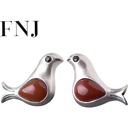 FNJ Animal Bird Earrings 925 Silver Original Pure S925 Sterling Silver Stud Earring Women Jewelry Red Agate