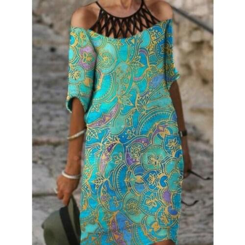 Vintage Print Women Sundress O-Neck Hollow Out Summer Women Dress Patchwork Five-point Sleeve Off Shoulder A-Line Ladies Dresses