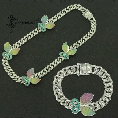 Hip Hop Ice Out Paved Rhinestone 1 Set Complete Miami Fashion Butterfly Cuban Chain CZ Bling Rap Necklace Bracelet Mens Jewelry