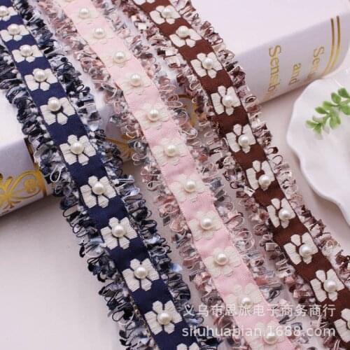 1 yards Flower Embroidered Pearl Beaded Lace Ribbon DIY Craft Clothes Sewing Trim Material Decoration
